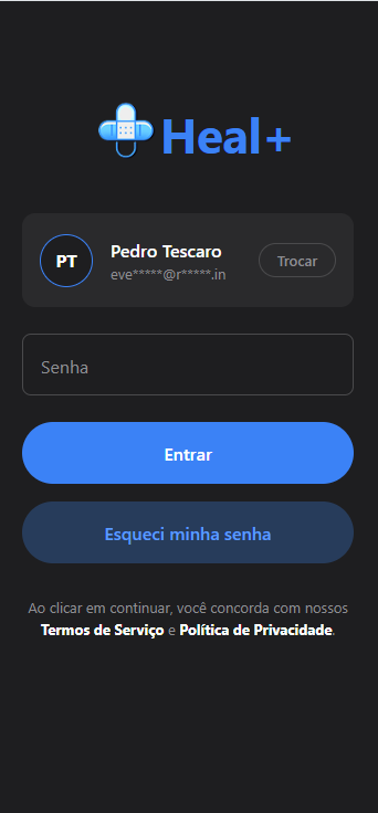 Tela de login real do aplicativo Heal+